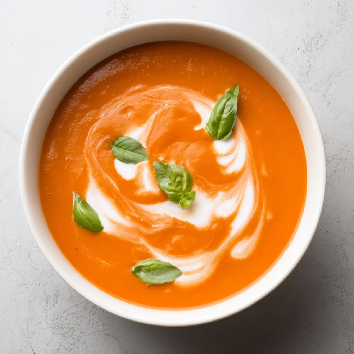 Bowl of creamy roasted tomato basil soup garnished with fresh basil leaves