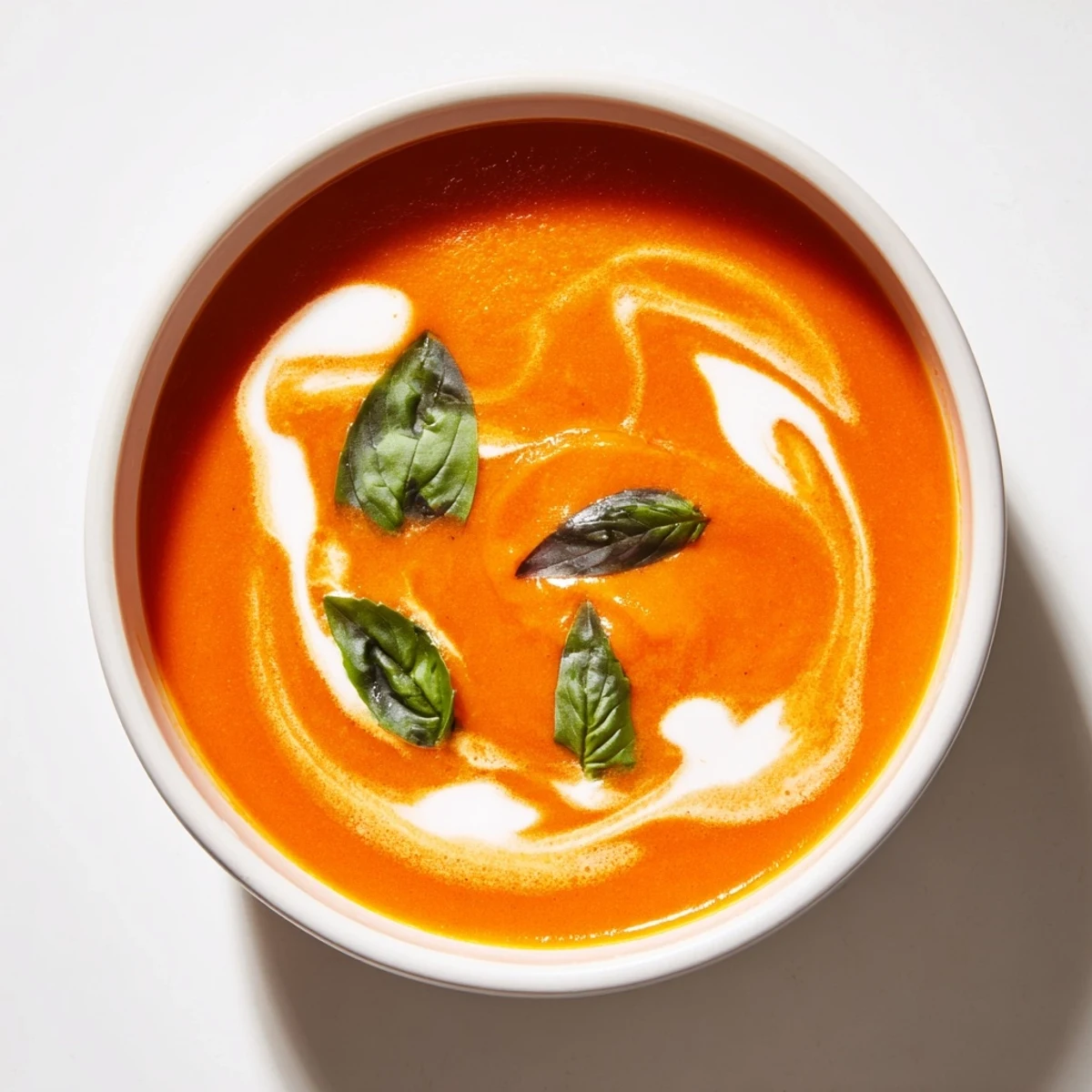 Rich roasted tomato basil soup recipe topped with herbs in a white bowl