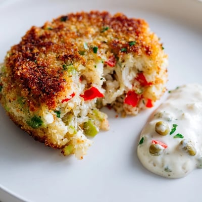 A close-up view of these Cajun Crab Cakes with Remoulade Sauce reveals a golden, crispy crust and tender crab filling.  