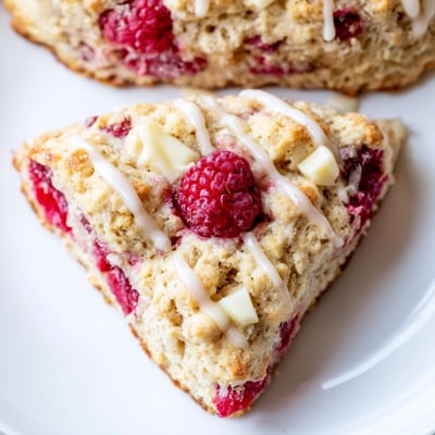 Freshly baked Raspberry White Chocolate Scones drizzled with sweet glaze, served warm on a rustic plate.