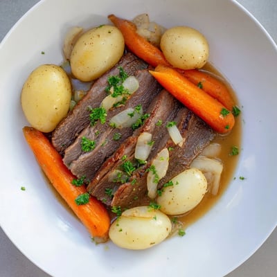 Tender shredded Irish Beef Pot Roast served with glazed carrots and creamy potatoes on a rustic white plate.