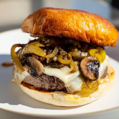 Caramelized onions and sautéed mushrooms add rich flavor to this gourmet beef burger on a toasted bun.
