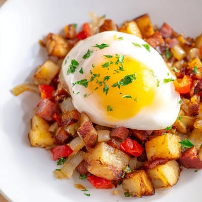 Golden hash brown potatoes and savory corned beef piled high, crowned with a soft poached egg and fresh parsley garnish.  