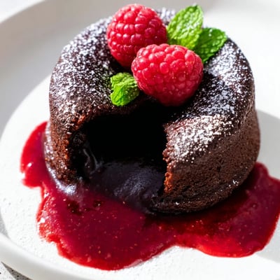 A close-up of a rich chocolate lava cake broken open to reveal a gooey center beside tangy raspberry coulis.  