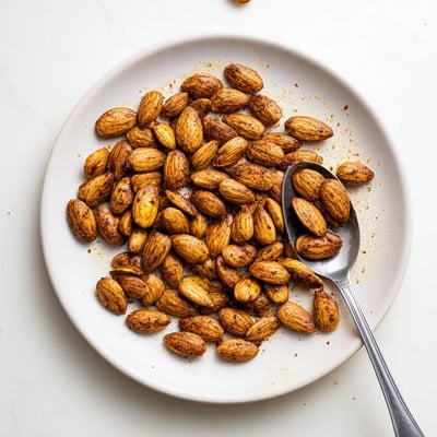 Crunchy roasted almonds coated in smoked paprika cooling on parchment paper