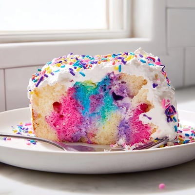 Colorful unicorn poke cake slice revealing vibrant pink purple and blue pudding layers