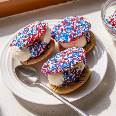 Mini chocolate chip cookies sandwiching vanilla ice cream with colorful patriotic sprinkles