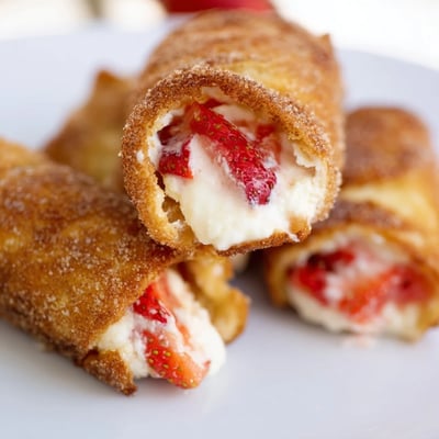 Close up of warm strawberry cream cheese roll ups with juicy red fruit filling  