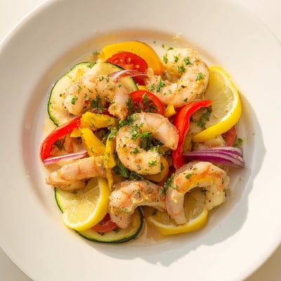 Juicy shrimp in rich garlic butter sauce served with zucchini and peppers.  