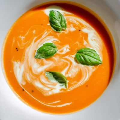 Velvety homemade tomato basil soup served with crusty bread for a cozy meal